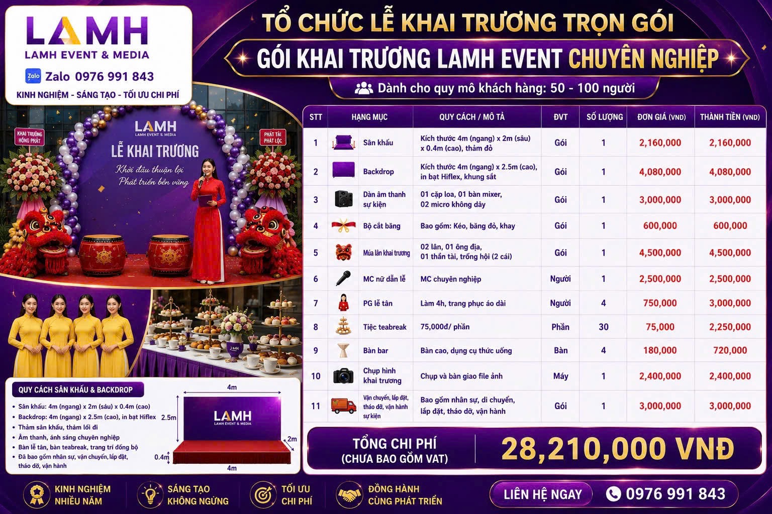 GÓI 2 – KHAI TRƯƠNG CHUYÊN NGHIỆPTừ 24.900.000 VNĐ
Phù hợp với showroom, nhà hàng, spa, công ty, văn phòng, trung tâm đào tạo và các thương hiệu muốn có hình ảnh khai trương chuyên nghiệp.